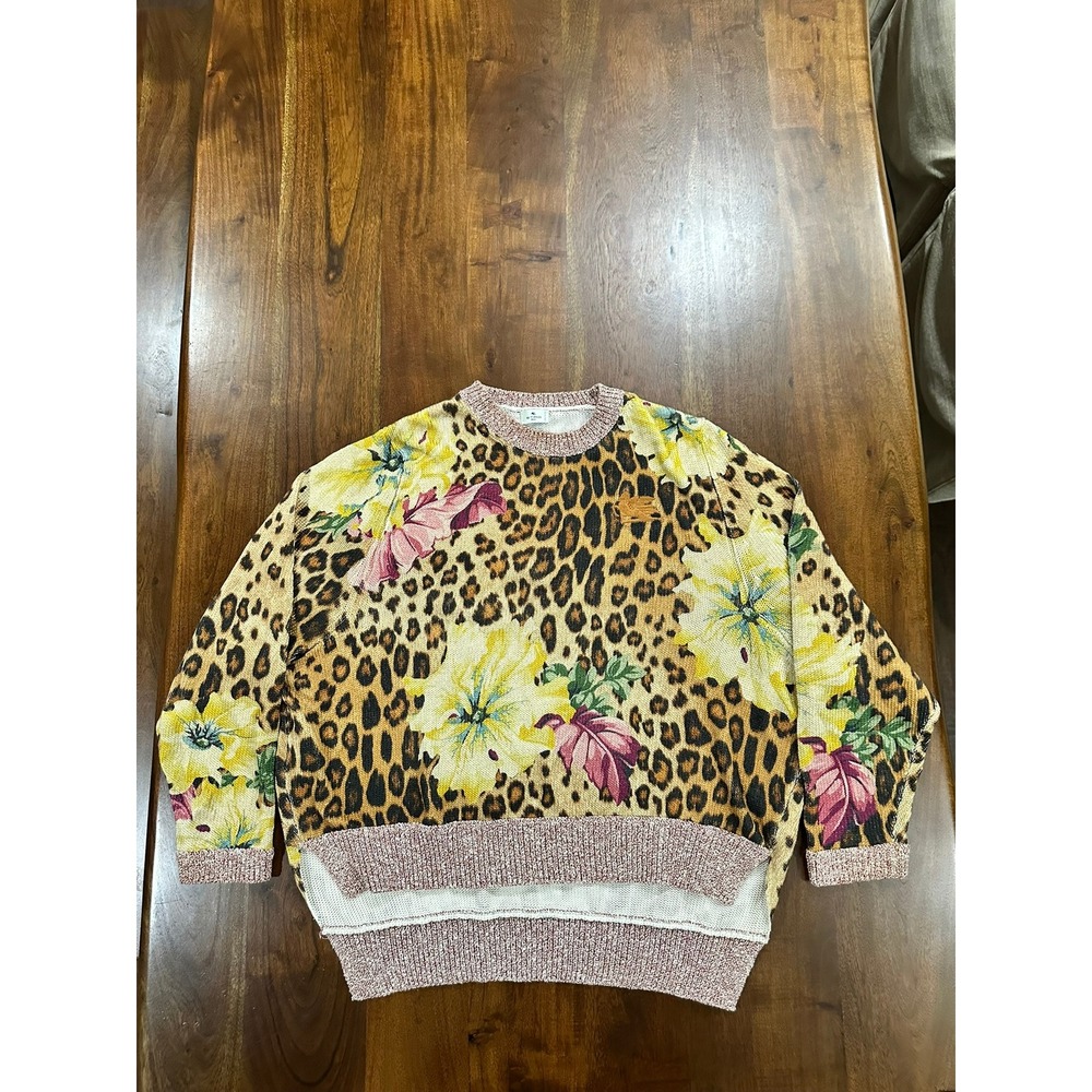 ETRO Milano Leopard Floral Print Linen Silk Knit Sweater Made Italy Size 48